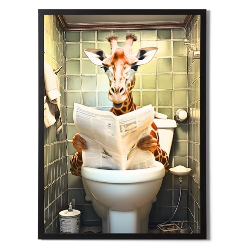 Póster de jirafa en un inodoro con diseño de animales para un divertido arte de pared de baño