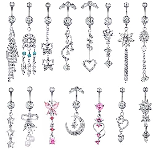 TAMHOO 15PCS 14G Stainless Steel Belly Button Rings for Women with AAA Cubic Zirconia