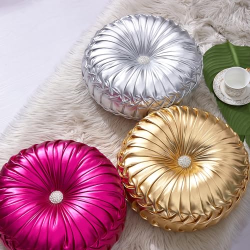Image of EUCIOR Round Throw Pillows,Pumpkin Pleated Handmade Metallic Throw Pillows,Silver Pillows,Modern Leather Decorative Pillowcases for Home Decor Bedroom Living Room Couch Bed Sofa (Silver)