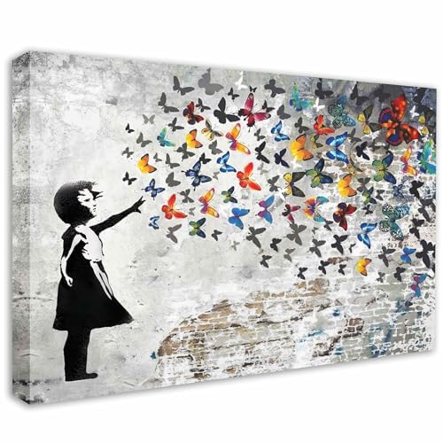 Banksy Tableau Sur Toile – Fille Aux Papillons Gris, 80x120 Cm, Street Art, Fait Main En Allemagne
