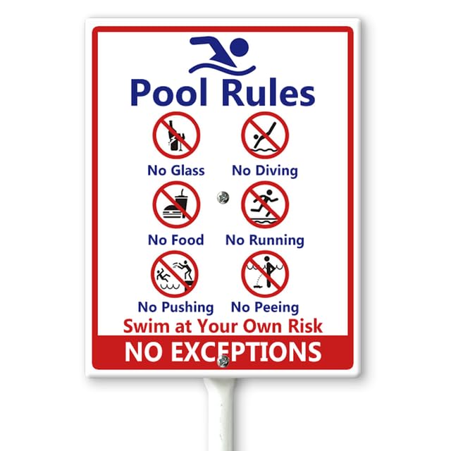 Cartelli Regole Piscina, "No Diving No Glass", "No Food No Pushing No Running No Peeing in Pool Swim at Your Own Risk" Cartello da Giardino con Pali, 17,5×22 cm, Cartelli da Giardino