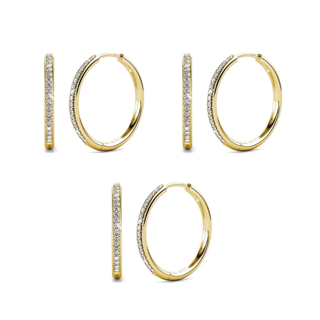 Cate & Chloe Bianca 18K Yellow Gold-Plated Hoop Earrings | 3 Pair Earrings Set | 25mm Hoops Jewelry for Women with Round Cut Simulated Diamond Crystals |Mother's Day, Birthday Gift for Her