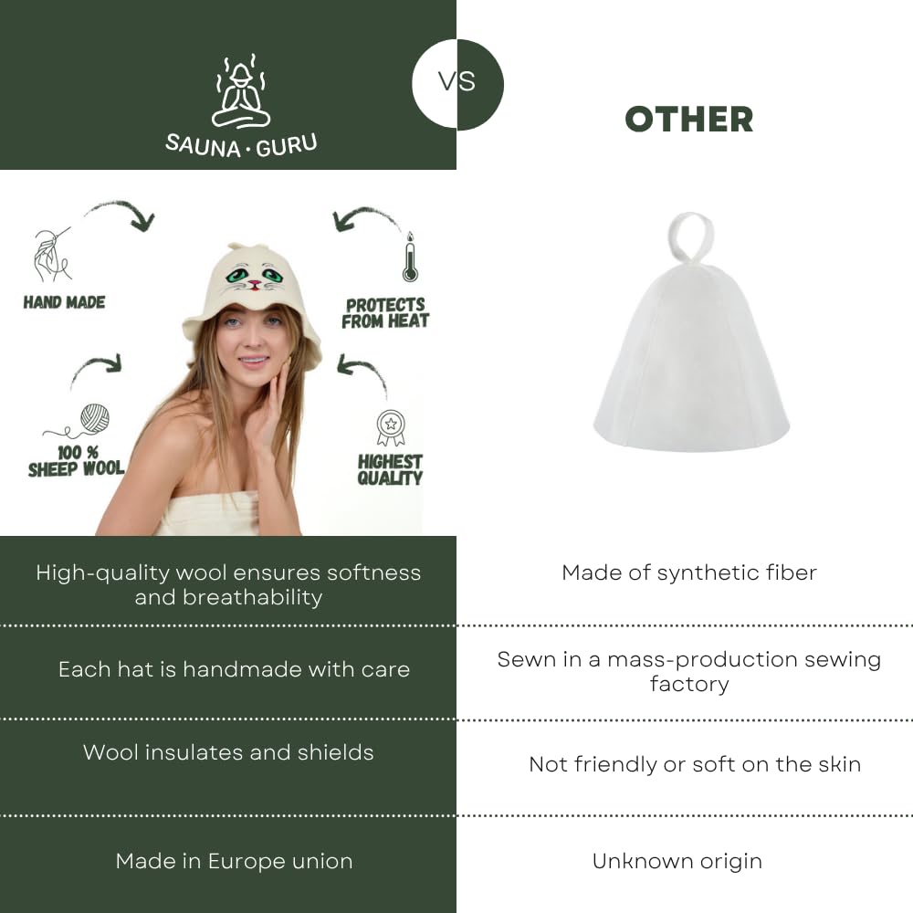 Tkaniny naturalne Sauna Hat 'Sauna Kitten' White - 100% Organic wełniane kapelusze dla rosyjskiej Bania - Protect Your Head od ciepła - English Sauna eBook Przewodnik w cenie - z haftem