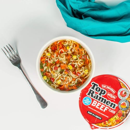 Image of Nissin Top Ramen Bowl Ramen Noodle Soup, Beef, 3.28 Ounce (Pack of 6) | Quick, convenient meal ready in minutes with just hot water.