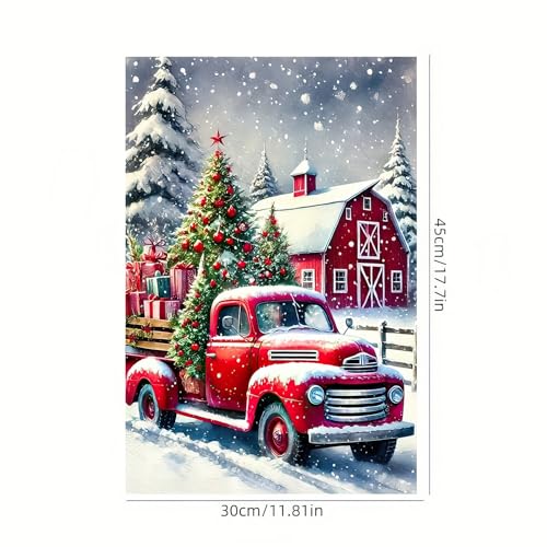 Image of BlissYard Christmas Garden Flag 12x18 Inches - Double-Sided Red Vintage Truck with Christmas Tree and Barn Design, Weatherproof Holiday Outdoor Decoration for Lawn, Garden, and Pathways