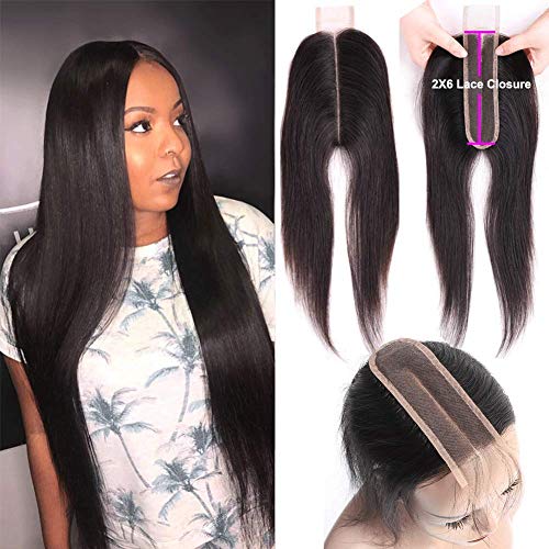 2x6 Lace Closure Deep Middle Part Lace Closure Straight Wave Brazilian Unprocessed Virgin Human Hair Lace Closure With Baby Hair 130 Density Natural Color Can Bleached Dyed(18 Inch)