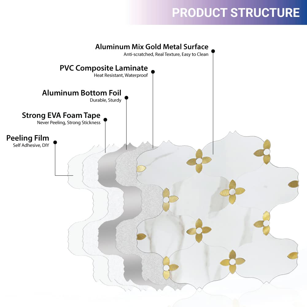 Artemuro 10-Sheet Peel and Stick Backsplash Tile, 9.8 x 10.8 Inch Lucky Clover PVC Wall Tiles Sticker for Kitchen, Bathroom, Laundry Room, Camper, Fireplace, Countertop (White Marble Mixed Gold Metal)