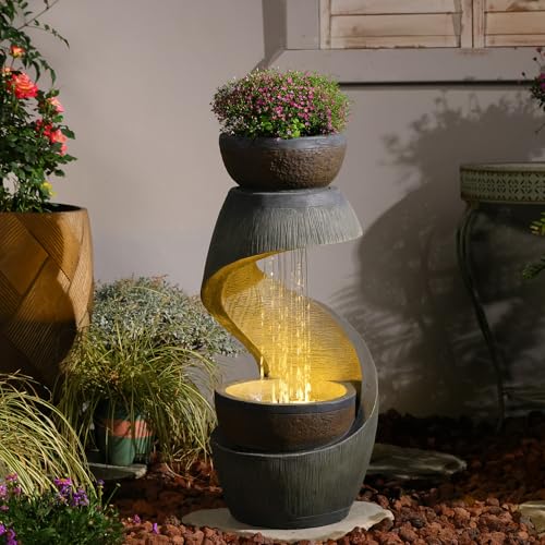 Sunlinua 31.9' S-Shaped Water Outdoor Fountain–Modern Cascading Waterfall Feature with LED Lights & Planter Bowl, Garden Fountains Outdoor for Patio, Balcony, Yard or Home Decor, Resin Waterfall