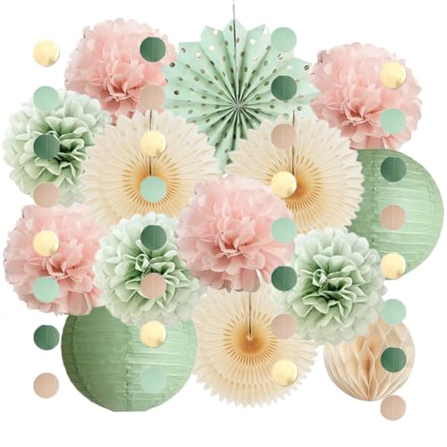 Décorations de fête vert sauge et rose pâle, lanternes en papier de soie vert sauge et rose pâle, éventails en papier de soie rose clair pour...