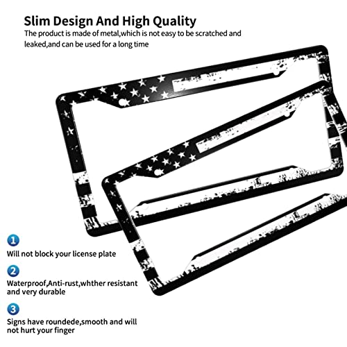 American Flag License Plate Frames- 2 Pack Retro Patriotic Usa Black White Stars And Stripes Flag Aluminum License Plate Covers Personalized License Plate Frames Holder #TOP2