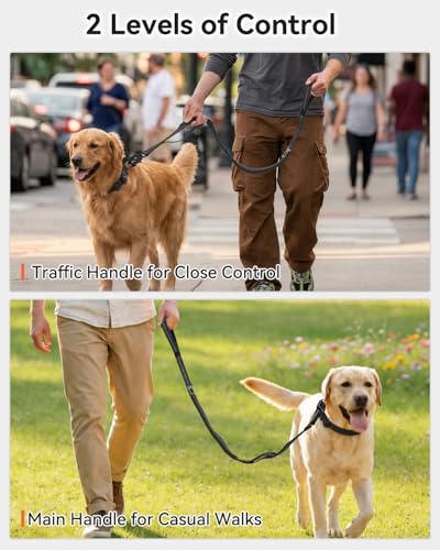 Joytale Taktische Hundeleine, 1.2m-1.8m Bungee Hundeleine Reflektierend mit 2 Gepolsterten Griffen, Autosicherheitsgurt, Leine Hund ohne Zugkraft für Mittelgroße, Große, X-Große Hunde, Schwarz