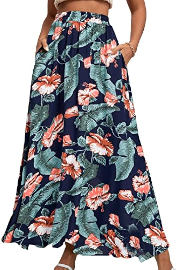 Umenlele Women's Floral Print High Waist Side Split with Pockets Beach Bohemian Maxi Long Skirt