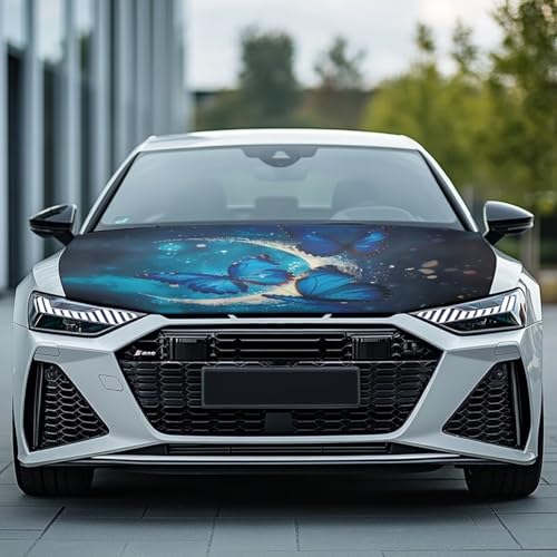 Image of Butterfly Moon Print Car Hood Cover Elastic Polyester Car Hood Cover Removable Automotive Accessories Suitable Most Automotive Sedans Trucks Pickup Sports Cars
