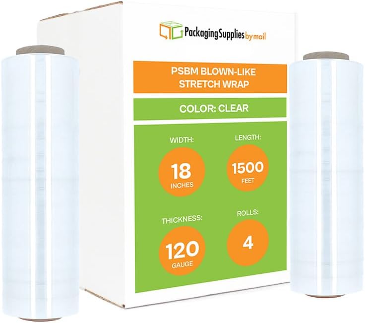 PSBM Blown Stretch Wrap, 4 Rolls 18 Inch x 1000 Feet 120 Gauge Heavy Duty Clear Plastic Wrap Industrial Strength Shrink Film for Moving, Packing & Shipping