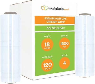 PSBM Blown Stretch Wrap, 4 Rolls 18 Inch x 1000 Feet 120 Gauge Heavy Duty Clear Plastic Wrap Industrial Strength Shrink Film for Moving, Packing & Shipping