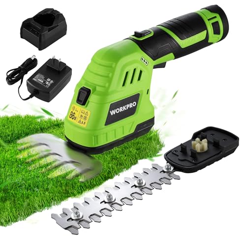 WORKPRO 12V Cordless Grass Shear & Shrubbery Trimmer - 2 in 1 Handheld Hedge Trimmer, Electric Grass...