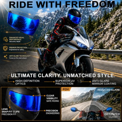 Image of PSLER Shatterproof Motorcycle Helmet Visor for R420,Deep Blue | Impact-Resistant ,UV400 Protection, Tinted Face Shield for R420,Helmet Accessories Replacement
