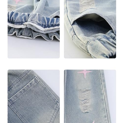 Girls Ripped Jeans Cute Star Embroidered Baggy Elastic Waist Trendy Denim Pants Loose Aesthetic Casual Trouser2