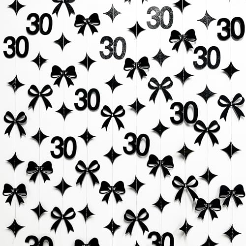 Image of Black 30th Bow Birthday Decorations Glitter Conquette Bow Garland Streamer Banner for Womens Mens Happy 30th Birthday 30 and Fabulous Cheers to 30 Years Old Anniversary Vintage 1995 Party Supplies