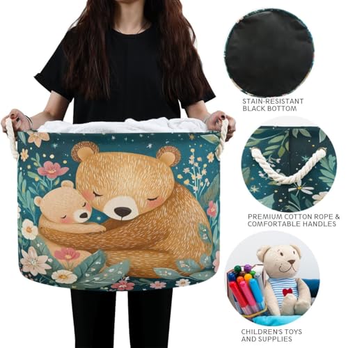 Image of Storage Bin Basket Large Foldable Clothes Bag Round Collapsible Fabric Laundry Hamper Folding Washing Bin Bear Mama Baby Flowers