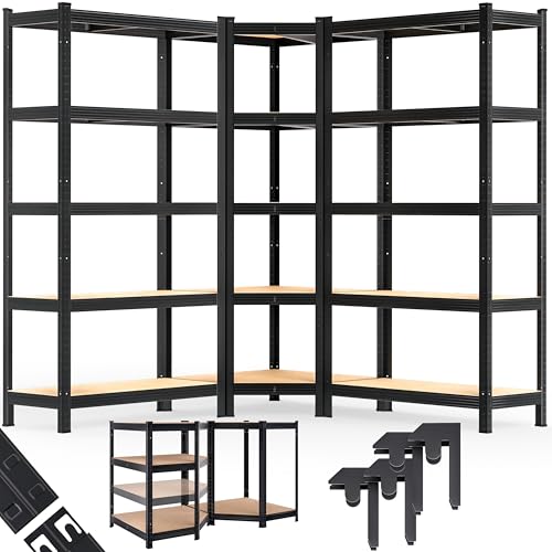 Monzana® Set 3X Estanterías Almacenaje Cargas Pesadas 2625 kg 15 Baldas MDF Estantería Esquinera Modulares Acero Alta Resistencia Garaje Taller Negro