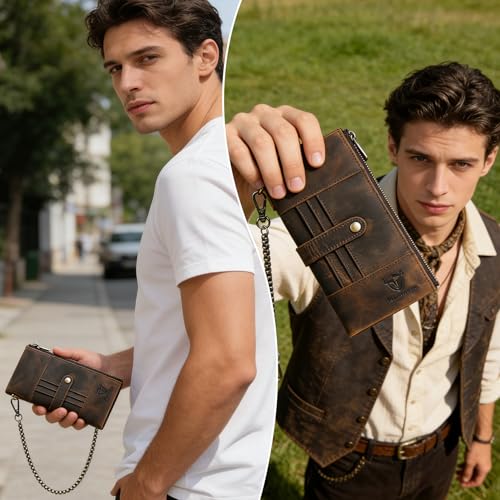 Image of Genuine Crazy Horse Leather Travel Gift Coin Pocket Card Case Long Organizer Chain Rfid Wallet Purse With Snap For Men Male 1803 1815 (1822 Brown)