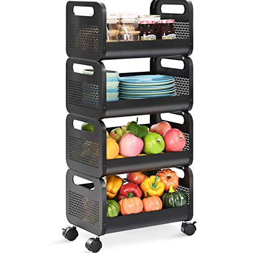 KINGRACK Chariot de Rangement à Roulettes pour Fruits et Légumes 4 Niveaux, Panier en Métal Amovible et Multifonctionnel pour la Cuisine et la Salle de Bain, Grand Espace de Rangement, Noir