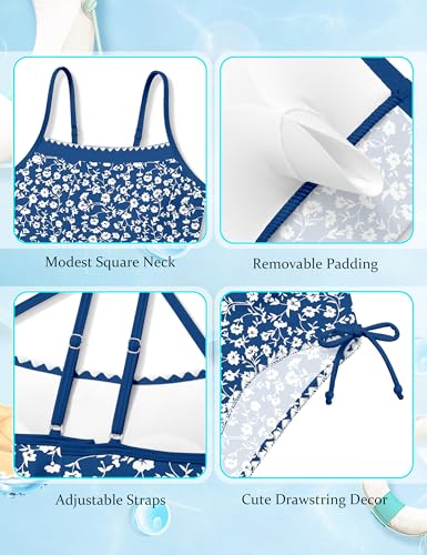 Image of BAVADER Girls Swimsuit One Piece Modest Girls Bathing Suit Solid Square Neck Ruched Adjustable Straps Padded Swimwear 9-16y