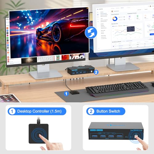 Image of 8K HDMI KVM Switch 2 Monitors 2 Computers Dual Monitor Support 4K@120Hz KVM Switcher PC Extended Display for 2 Port with 4 USB 3.0 HUB Desktop Controller and 2 USB Cables Included
