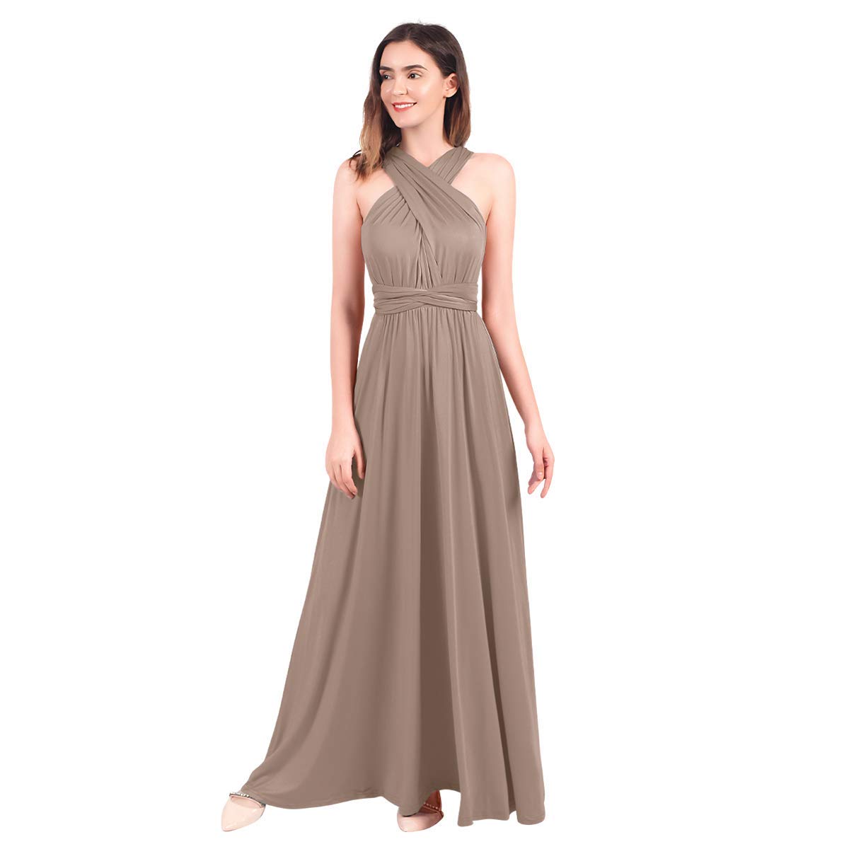 Ibtom Castle Women's Light Brown Sexy Convertible Multi Way Wrap Transformer Solid Cocktail Off Shoulder Wedding Bridesmaid Evening Long Maxi Dress Floor Length Bandage Pageant Prom Ball Gowns M