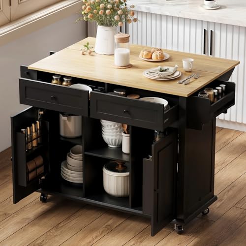 Kitchen Island with Large Bamboo Tabletop, 53.1 Inch Modern Rolling Kitchen Island on Wheels,...