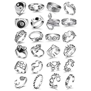 Vintage Silver Open Punk Rings for Men Women, 24PCS Adjustable Rings, Alt Rings, Chunky Silver Rings, Bulky Rings…