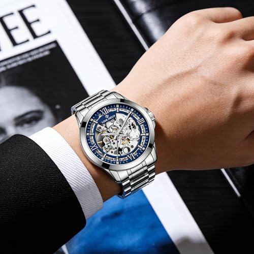 Image of Skeleton Automatic Mechanical Watch Mens Business Luxury Gift Steel Band | Stainless Steel Waterproof Male Golden Wristwatch Luminous Markers & Hands Hardlex Mirror Butterfly Double Button