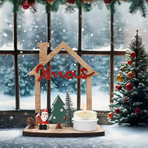 PKDPR Christmas Candle Holder w Tea Light,Wooden Christmas Table Decor,Cute Christmas Decorations Indoor Come with Fixed Santa Claus Decor & Mini Christmas Tree Cover