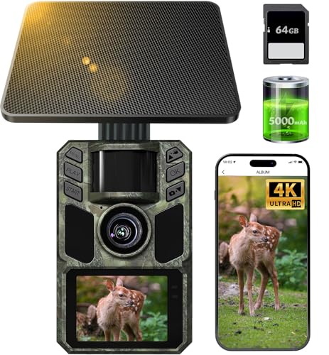 FKPCAM Trail Camera 4K 64MP Solar WiFi Game Hunting Camera with Night Vision– Built-in 5000mAh Battery, IP67 Waterproof, Motion Activated, 64GB Memory Card