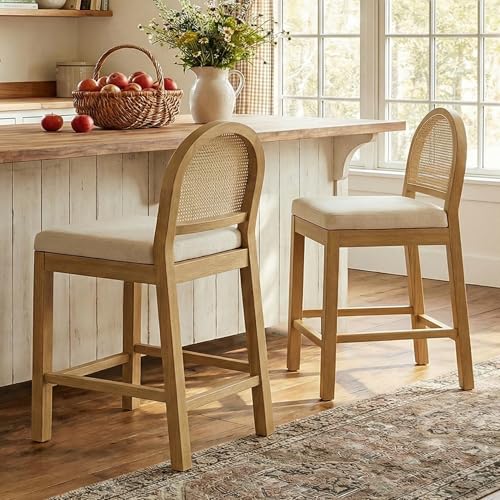 Image of Upholstered Wooden Rattan Bar Stools Set of 2, Island Chairs (Cream White) | STHOUYN, Counter Height, Solid Wood, Rattan Woven Back, Faux Leather Seat, Mid-Century Modern, Kitchen