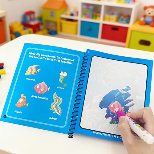 2 Stück Wassermalbuch für Kinder mit 2 Wasserstiften, Water Wow Malbuch Magic Water Colouring Book mit Wasserstift, Magic Water Book Wiederverwendbares Aqua Doodle Malbuch Geschenke