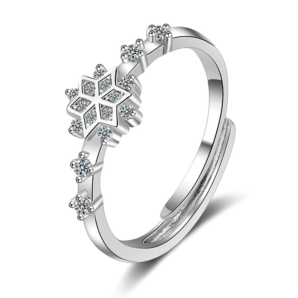 NewZenro Thin CZ Snowflake Adjustable Rings for Women Dainty Sterling Silver Plated Statement Wrap Band Flower Rings Fashion Expandable Knuckle Finger