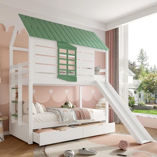 Merax Etagenbett Kinderbett 90x200 für 2 Kinder Hausbett Hochbett mit rutsche, Leiter, Satteldach, Fenstern und 2 Schubladen - Doppelbett Holzbett mit Lattenrost und Rausfallschutz, Kiefer, Weiß+Grün Merax Etagenbett Kinderbett 90x200 für 2 Kinder Hausbett Hochbett mit rutsche, Leiter, Satteldach, Fenstern und 2 Schubladen - Doppelbett Holzbett mit Lattenrost und Rausfallschutz, Kiefer, Weiß+Grün