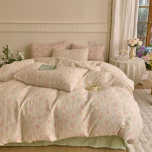 Image of VM VOUGEMARKET Flower Duvet Cover Twin Sage Green Teen Girls Cotton Duvet Cover with Zipper Ties Chic Rust Floral Bedding Set Without Comforter -Green,Twin