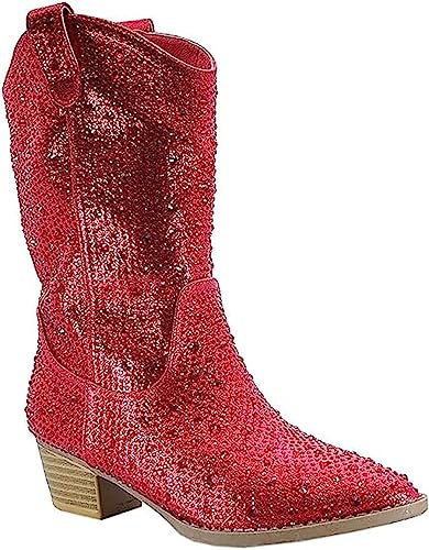Forever Girls/Kids Rhinestone Western Cowgirl Cowboy Pointed Toe Low Heel Boots River-11K Red 113