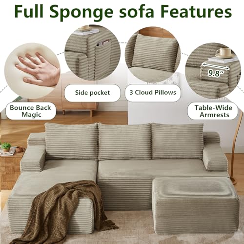 Image of 96.1 inch Modular Sectional Sofa with Ottoman, Modern Corduroy Cloud Couch, Boneless Couch Upholstered 3-Seater U-Shaped Sofa for Living Room, No Assembly (Camel, Right-Facing Chaise)