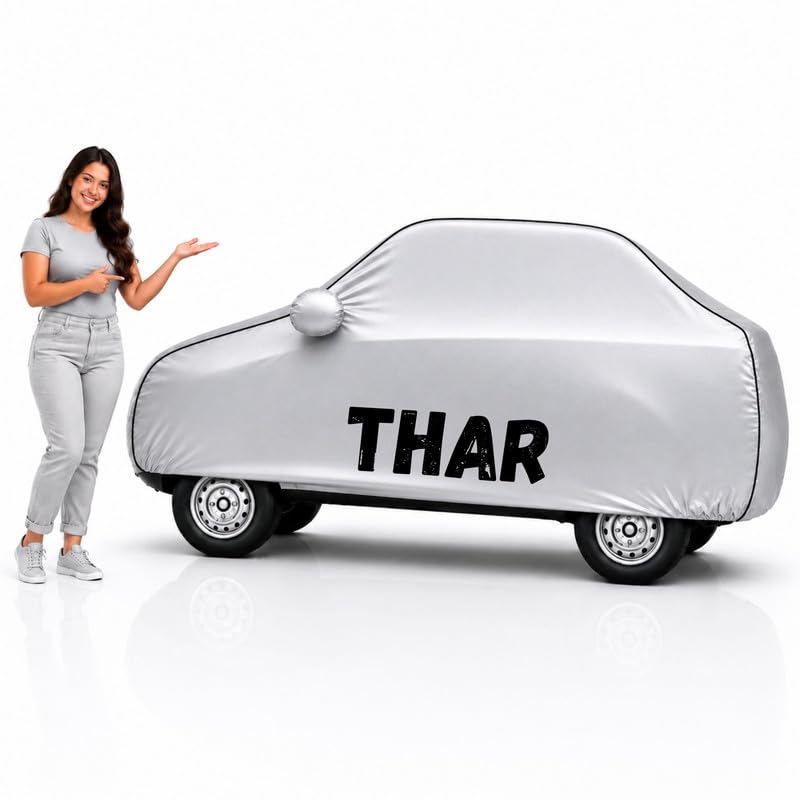Image of Long-Life 100% Waterproof Thar Car Body Cover for Dust & Rain, Compatible with All Models of Thar Car Cover, Comes with Bird Droppings, Scratch, UV and Paint Protection - Silver