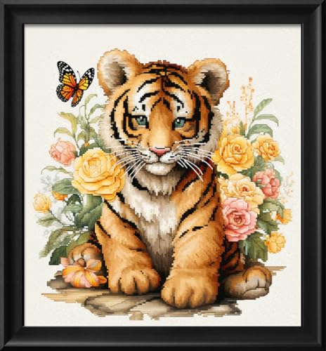 Image of Leczany Cross Stitch Stamped Kit for Adults - Little Tiger and Butterfly | DIY Embroidery Starter Patterns Craft Kit Needlepoint for Beginner | 11CT, 3 Strands | 14.2x15.8 inches