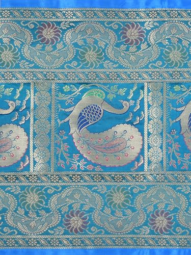 Image of Banarasi Brocade Zari Silk Table Runner Dinning & Centre Table Runner 177 By 30 CM (Turquoise, Peacock)