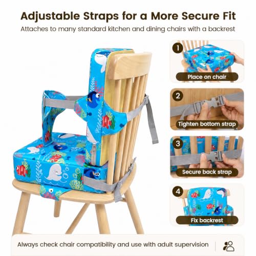 Image of Booster Seat for Kitchen Chair, Upgrade Toddler Booster Seat for Table | 3.5 inch High Density Foam Toddler Booster Seat for Dining Table with 4 inch Backrest, Front Safety Buckle, Travel Booster Chair