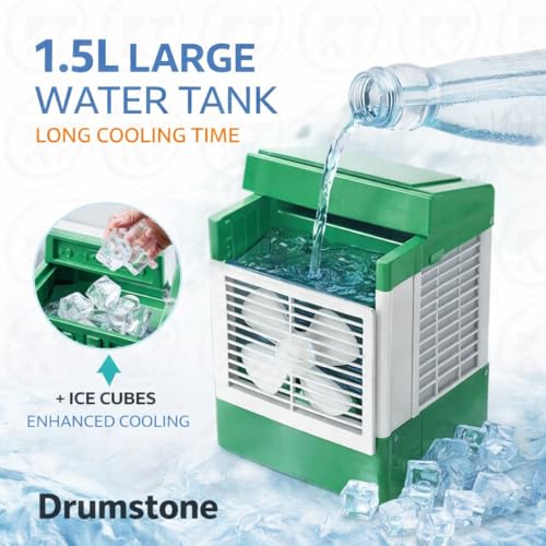 Image of DRUMSTONE ( 2026 Brings 15 Years Warranty ) Mini AC Portable Air Cooler Rechargeable with 1.5L Tank, USB Cooling Fan, Personal Desk AC for Room Office Travel, Battery Powered Cooler Fan