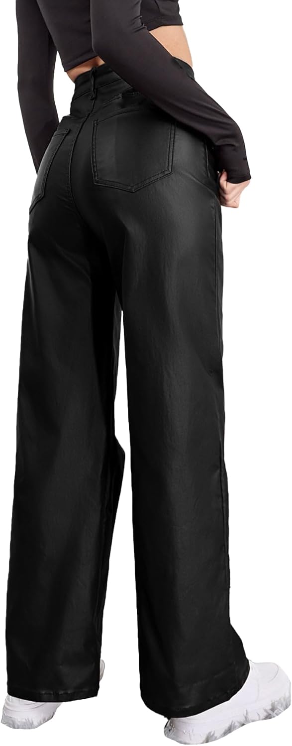 Women's Faux Leather Pants Coated High Waist PU Straight Leg Trousers Black Leggings with Pockets - Image 5