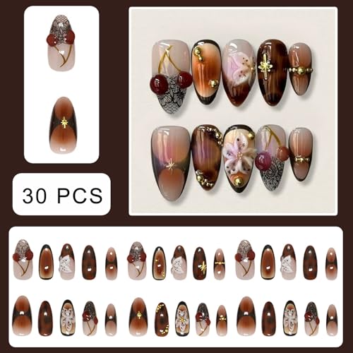 Black Lace French Press Medium Almond Fake Nails - Cherry Design