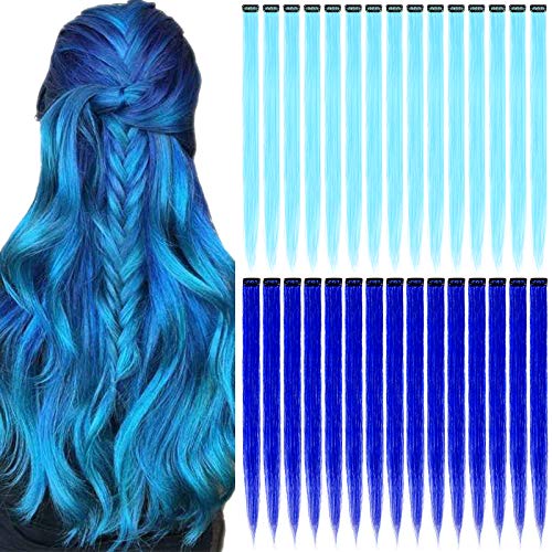 YMHPRIDE 30 Pieces Colored Party Highlights Clip in Hair Extensions for Women,20 Inch Long Straight Highlights Hairpieces Clip in Synthetic Fashion Cosplay Hair Piece Hair Accessories for Kids (Sapphire Blue+Teal Blue)